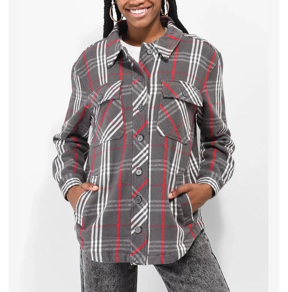 Empyre Kiva Flannel Shacket Jacket Gray Plaid Oversized Small Pockets